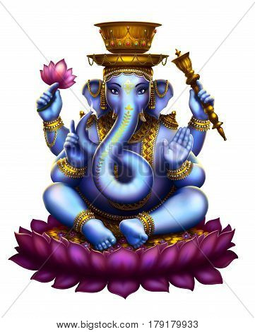 Hookah Ganesha on white background sitting in the lotus position and incense. High resolution art.