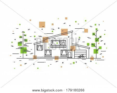 Modern urban mansion cottage outline vector illustration. House exterior landscape linear concept. Exterior architecture line art graphic design.