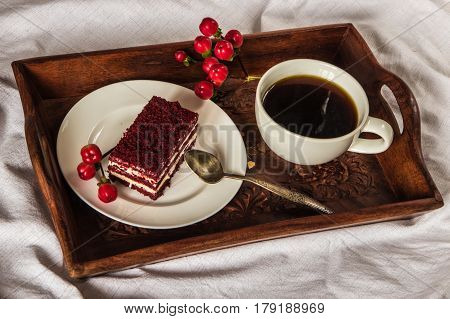 Breakfast In Bed. Cup, Coffee, Red, Velvet, Cake