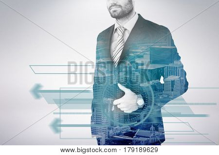 Midsection of businessman holding folder against towers and building in city 3d