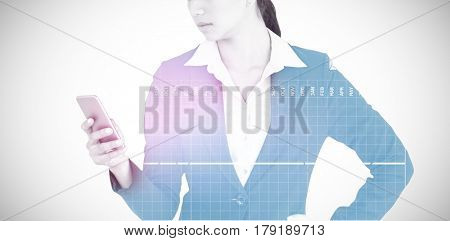 Businesswoman using mobile phone against grey background 3d