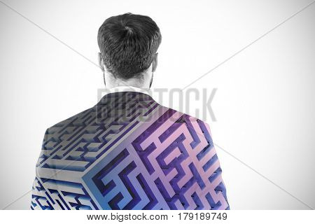 Businessman pretending to standing against invisible screen against grey background 3d