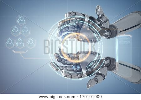 Composite image of robotic hands against white backgroun against digital image of globe with big data text and social connectivity 3d