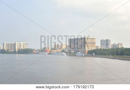 Embankment Obukhov Defense at cloud spring day outskirts of St.Petersburg Russia.