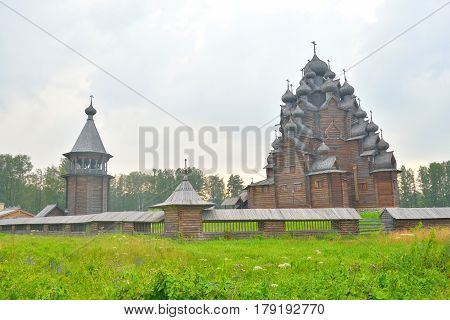 The complex Manor Bogoslovka in the style of Russian wooden architecture in the Nevsky Forest Park near St. Petersburg Russia.