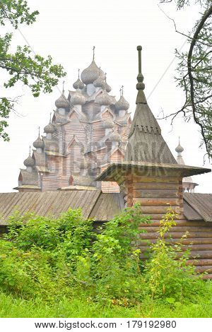 The complex Manor Bogoslovka in the style of Russian wooden architecture in the Nevsky Forest Park near St. Petersburg Russia.