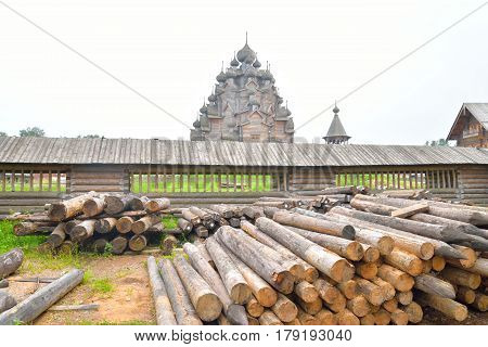 The complex Manor Bogoslovka in the style of Russian wooden architecture in the Nevsky Forest Park near St. Petersburg Russia.