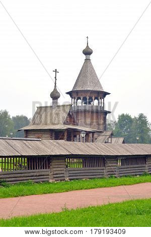 The complex Manor Bogoslovka in the style of Russian wooden architecture in the Nevsky Forest Park near St. Petersburg Russia.