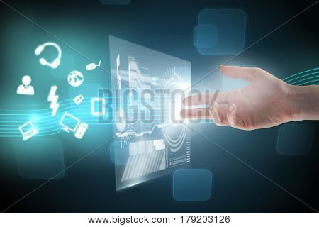 Cropped hand of woman against futuristic screen with quaders