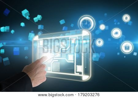 Businessman gesturing against futuristic screen with quaders 3d