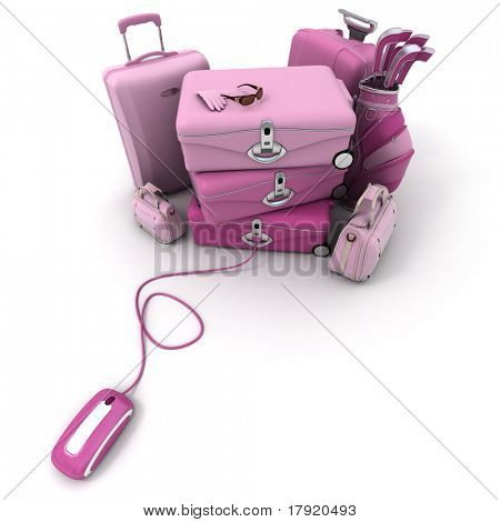 Kæmpe pink bagage herunder kufferter, dokumentmapper, golftaske, forbundet til en computermus.