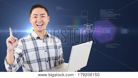 Digital composite of Happy man with laptop in his hands against futuristic intreface