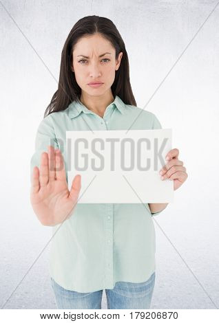 Digital composite of Woman with blank card holding out hand against white background