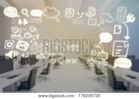 Composite image of various media icons against composite image of desktop pc at office 3d