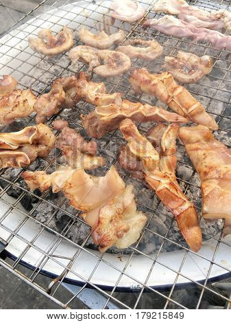 Pork, Chitterlings, Pork Tongue Barbecue Thailand Street Food Recommend.