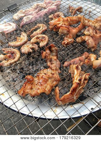 Pork, Chitterlings, Pork Tongue Barbecue Thailand Street Food Recommend.