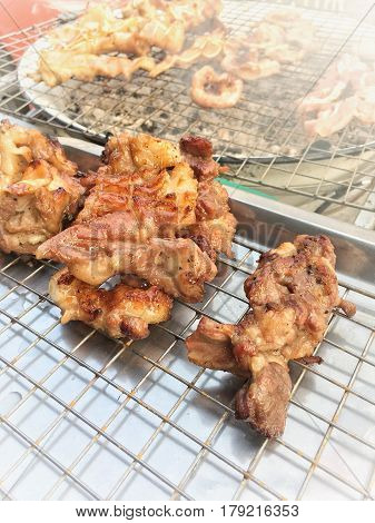 Pork, Chitterlings, Pork Tongue Barbecue Thailand Street Food Recommend.