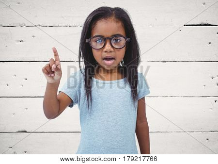 Digital composite of Girl with glasses against white wood panel