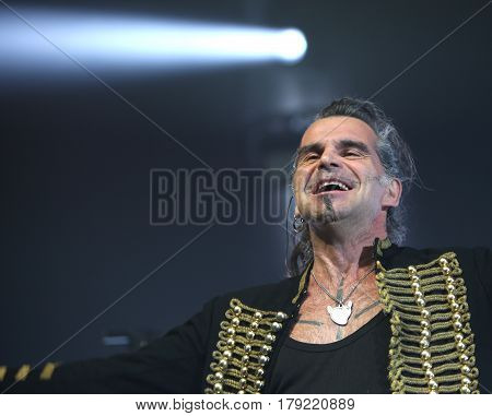 Padua Padova PD Italy - March 29 2017: Piero Pelu the vocalist of Litfiba an Italian Rock Band on the stage during the live concert at Padua in Italy