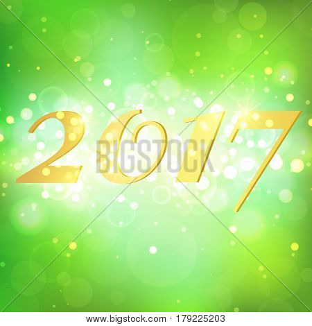 Happy New Year 2017 on green bokeh abstract background. Elegant layout desing with magic glitter sparkles. Greeting card with blurred backdrop. Vector illustration. EPS10