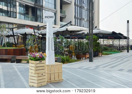 DUBAI UNITED ARAB EMIRATES - 2017: City Walk in Dubai. New urban area in downtown. Residential area with cafes restaurants and shops