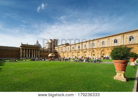 ROME, ITALY - SEPTEMBER 30, 2012: Belvedere Courtyard (Cortile della Pigna ) at Vatican Museums.