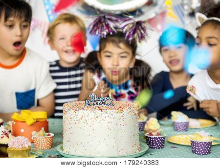 Happiness group of cute and adorable children having birthday party