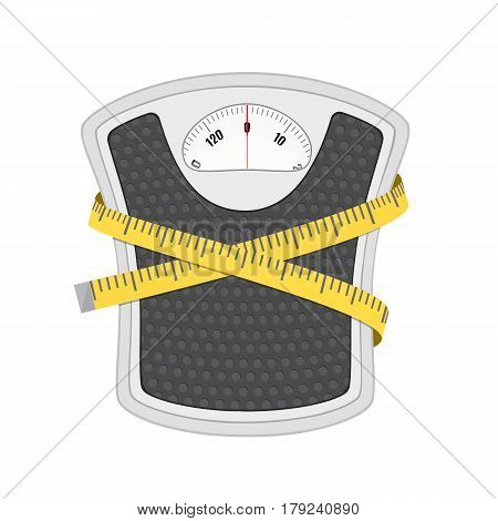 Bathroom floor weight scale and measuring tape. illustration in flat style on white background.