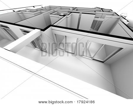 Close up rendering di un modello architettonico di un designer? s casa con cianografie arrotolato