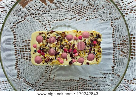 Original Polish White Chocolate With Straberry Candies And Sweet Herbs. Hand Made Dessert Snack On W