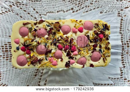 Original Polish White Chocolate With Straberry Candies And Sweet Herbs. Hand Made Dessert Snack On W