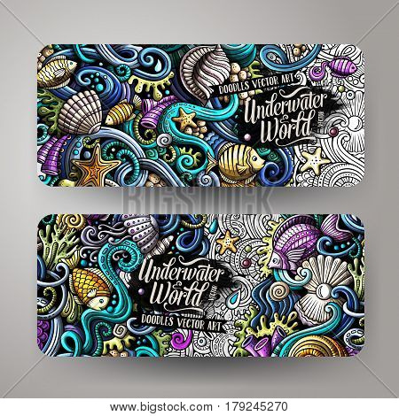 Cartoon vector hand-drawn underwater life, marine doodle corporate identity. 2 Horizontal banners design. Templates set