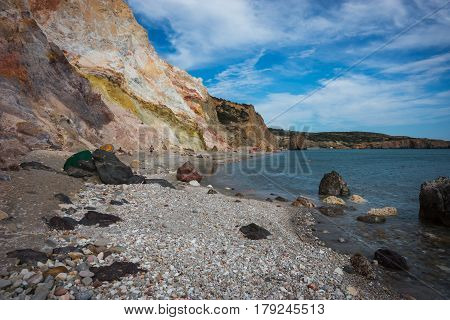 Unique Paleochori beach with multicolored pebbles and rocks, Milos island, Greece