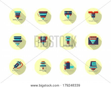 Symbols of different mode of CNC laser machine heads, long shadow design. Advanced technologies in industry. Collection of stylish flat color round vector icons.