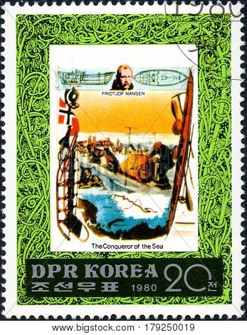 UKRAINE - CIRCA 2017: A postage stamp printed in DPR North Korea shows Fridtjof Nansen serie The Conqueror of the Sea circa 1980
