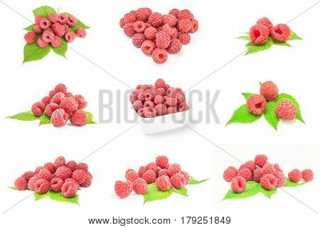 Group of raspberries with leaves isolated on a white background with clipping path