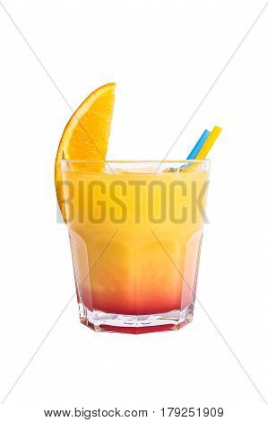 Alcoholic beverage based on table with ice cubes and oranges