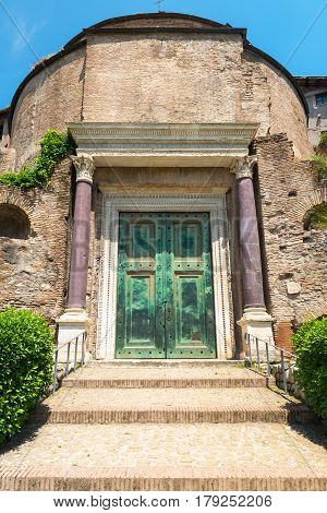 The Temple of Romulus (The basilica of Santi Cosma e Damiano) in the Roman Forum, Rome, Italy