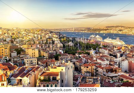 Istanbul at sunset, Turkey. Bosphorus divides the city into the Asian and European parts. View from the European side.