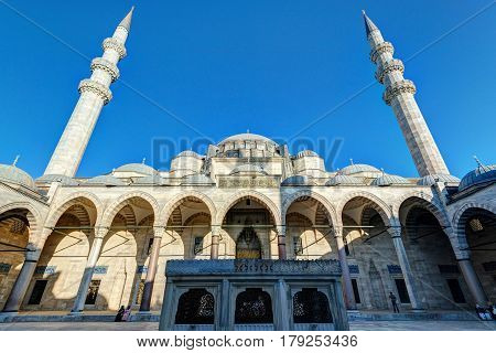 The Suleymaniye Mosque in Istanbul, Turkey. The Suleymaniye Mosque is the largest mosque in the city and one of the best-known sights of Istanbul.