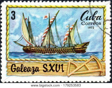 UKRAINE - CIRCA 2017: A postage stamp printed in Cuba shows Italian vessel Galleass S. XVI circa 1972