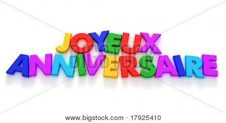 Francese espressione Joyeaux Annivesaire scritto in magneti colorati lettera