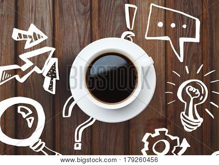 Digital composite of 3D Cup with icons sketches drawings against wood