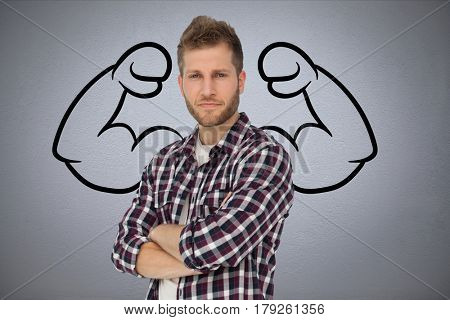 Digital composite of confident business man against grey background with drawing of flexing muscles