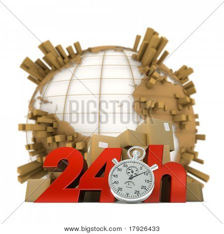  3D-rendering van de aarde vol pakketten een stapel van dozen en de woorden 24 uur en een chronometer