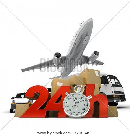 จำลองภาพ 3 มิติของกองแพคเกจและเครื่องบินกับคำ 24 ชั่วโมงและเป็นโครโนมิเตอร์