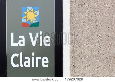 Villefranche, France - January 29, 2017: La vie claire logo on wall. La Vie Claire is a French chain of health and bio product stores