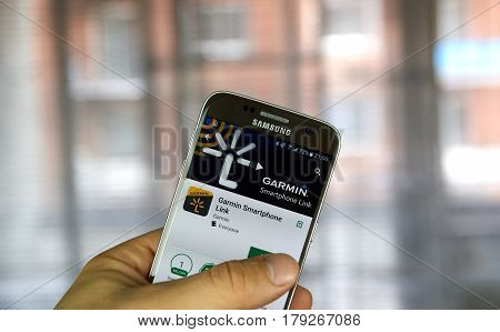 MONTREAL CANADA - MARCH 10 2017 : Garmin Spartphone Link app on Samsung s7 screen. Garmin is an American multinational technology company founded by Gary Burrell and Min Kao in 1989.