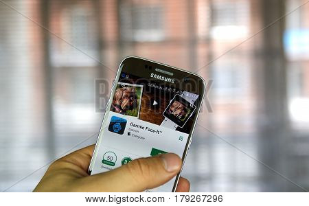 MONTREAL CANADA - MARCH 10 2017 : Garmin Face It app on Samsung s7 screen. Garmin is an American multinational technology company founded by Gary Burrell and Min Kao in 1989.