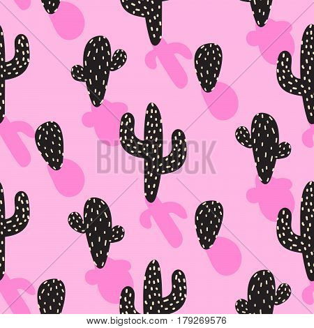 Cactus plant vector pink seamless pattern. Abstract cartoon desert fabric print. Scandinavian style cacti with shadow for wallpaper, curtain, tablecloth.